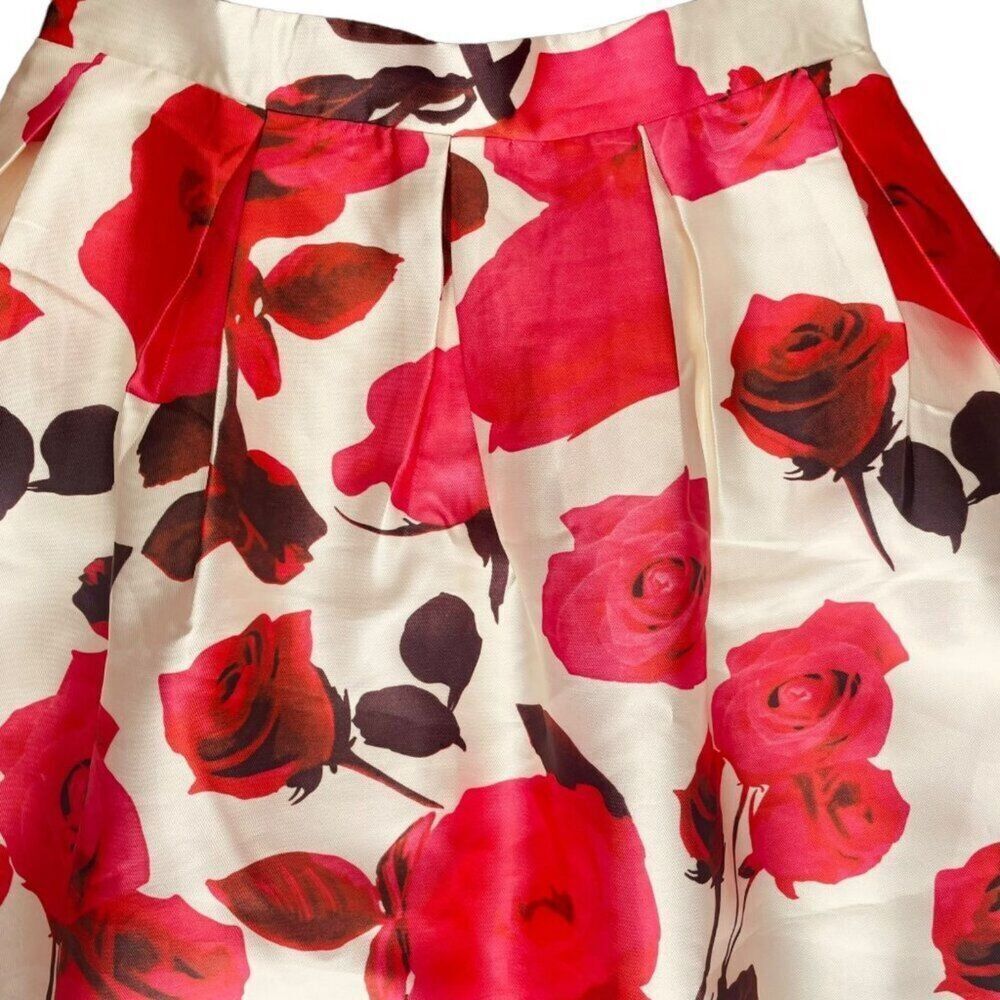 Chicwish | Red Rose Floral Pleated Full Midi Skirt Cream Satin Size M | EUC - Picture 8 of 10